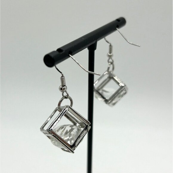 Silver-Tone Box Earrings Clear Rivoli Dangles Pierced Hooks Geometric - Picture 7 of 12